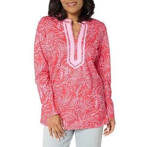 Bellisima by Kim Gravel Women's Cabana Knit Palm Trim Tunic Pink - Petite
